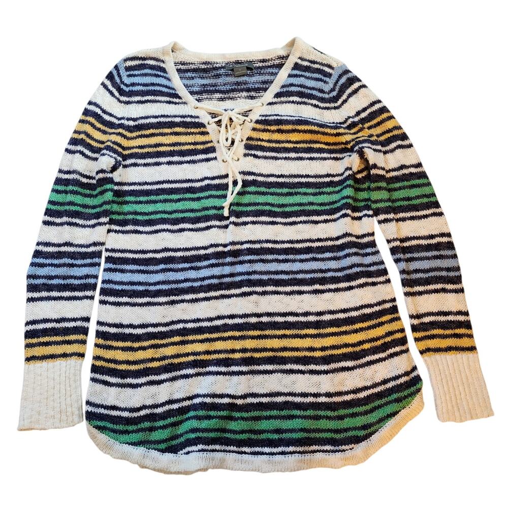 Natural Reflections Womens Tunic Sweater Size XL Striped V-Neck Lace Up Front
